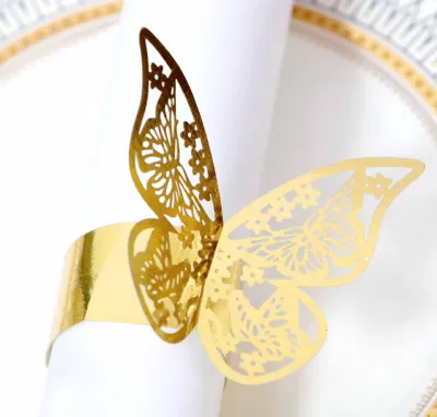 Anillos de servilleta de mariposa huecos con láser DIY, venta al por mayor personalizado, hebilla de papel dorado, toalla, decoración de mesa, lazos de boda, mantel, anillos de servilleta
